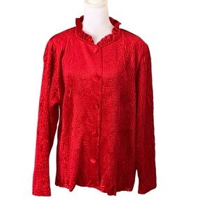 Chicos Size 3/XL Red Silky Crepw Ruffle Neckline Button Shacket Holiday Festive